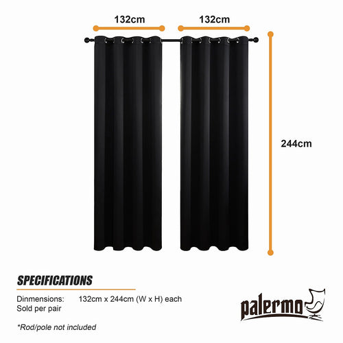Black 2X Blockout Curtains – Blackout Window Draperies Pair with Eyelets for Bedroom 132x244cm