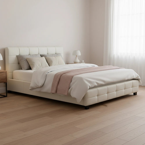 Queen Deluxe White PU Leather Upholstered Bed Frame with Headboard & Slats