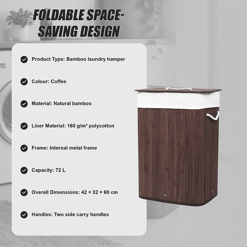 72L Wood Bamboo Laundry Hamper with Lid & Removable Liner Bag