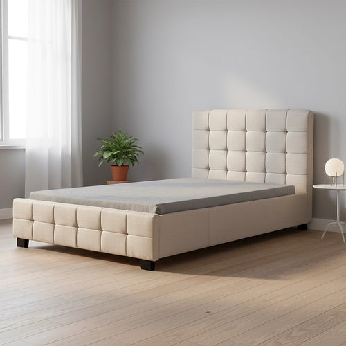 King Single Deluxe Beige Linen Fabric Upholstered Bed Frame with Headboard & Slats