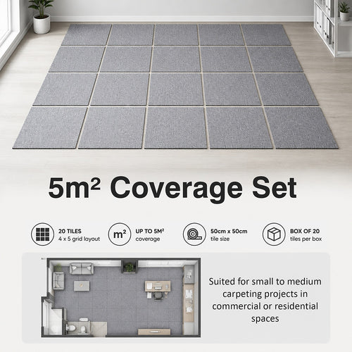 Carpet Tiles – Pack of 20 Light Grey Squares Covering Up to 5m²
