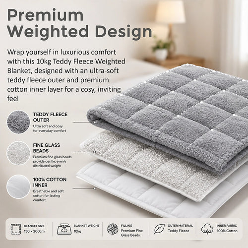 10kg Teddy Fleece Weighted Blanket 150 x 200cm Ultra Soft Sherpa Heavy Blanket Grey for Bed, Sofa & Home Comfort