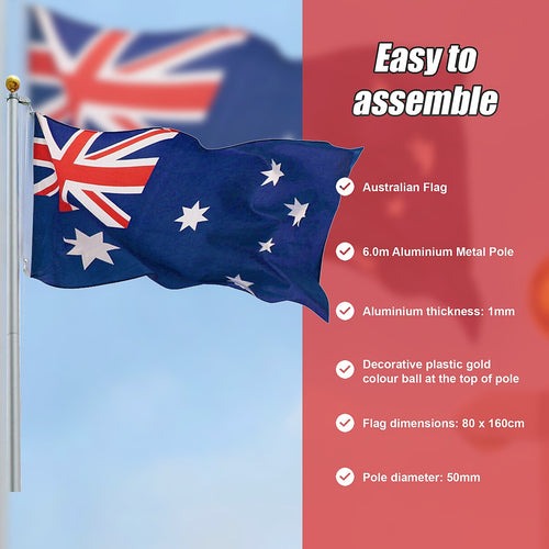 6m Aluminium Flag Pole Kit with Australian Flag – Outdoor Full Set