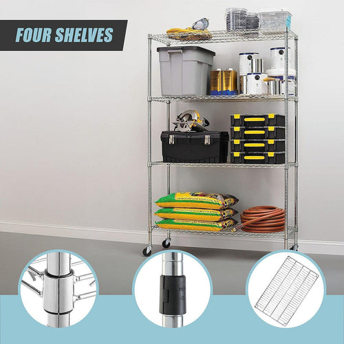 Modular Wire Storage Shelf 1200 x 450 x 1800mm Steel Shelving - Carbon Chrome Plated with Wheels