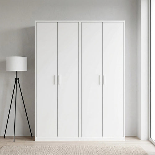 160x200cm 4-Door White Steel Hanging Wardrobe with White Handle Storage Cabinet