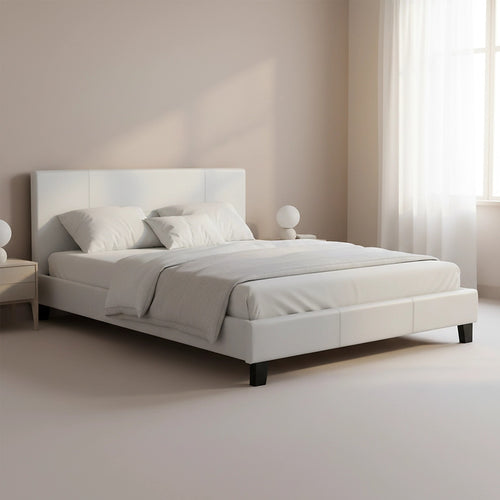Double Size Bed Frame with Headboard – White PU Leather