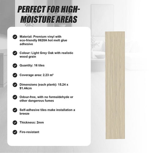 Self Adhesive Vinyl Floor Tiles Peel & Stick Flooring Light Grey Oak 16 Pack 2.3m²