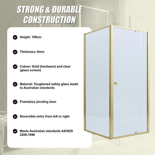 Adjustable Semi Frameless Shower Screen Front: (82~90)x195cm with Gold Hardware and Side: (89~92)x195cm
