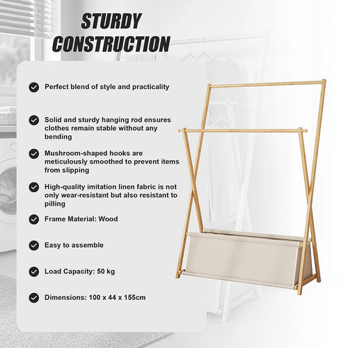 100x155cm Freestanding Clothes Rail Garment Rack in Wood with Storage Shelf – Stylish, Space-Efficient Organiser
