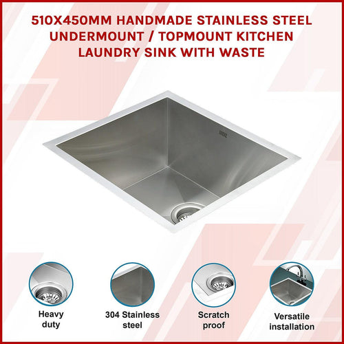 510x450mm Stainless Steel Handmade 1.2mm Sink with Waste in Stainless Steel 304 Finish