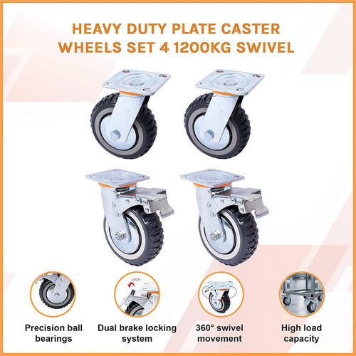 150mm Heavy Duty Plate Caster Wheels Set of 4 1200kg Swivel