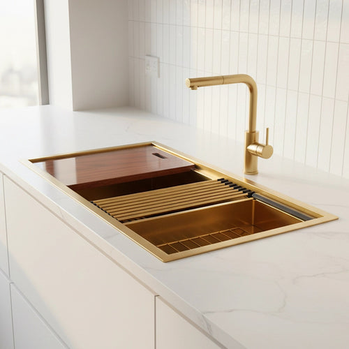 32" Workstation Kitchen Sink – Single Bowl Design with Nano Finish in Gold with sand-finish