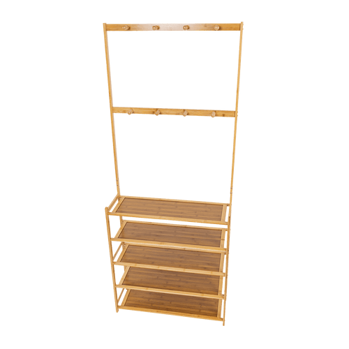 Large Wooden 5 Tiers Hat Coat Stand Clothes Shoe Rack Hanger Hooks Shelf Storage
