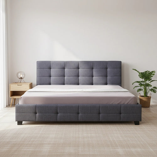 King Deluxe Grey Linen Fabric Upholstered Bed Frame with Headboard & Slats