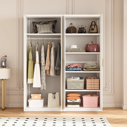 160x200cm 4-Door White Steel Hanging and Shelf Wardrobe with Gold Handle Storage Cabinet