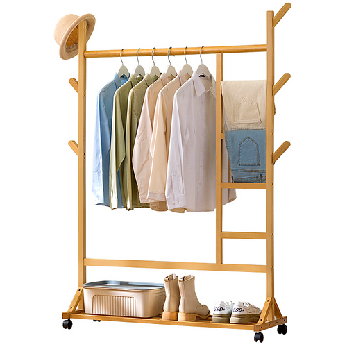 Portable Bamboo Clothes Rack with Garment Rail, Storage Shelves & Rolling Wheels
