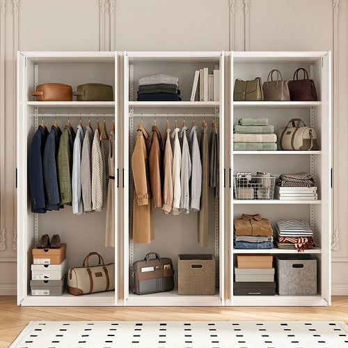240x200cm 6-Door White Steel 2 Hanging and 1 Shelf Wardrobe with Black Handle Storage Cabinet