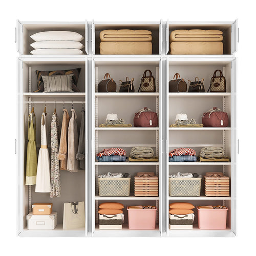 240x240cm 6-Door White Steel 1 Hanging and 2 Shelf Wardrobe with White Handle Storage Cabinet