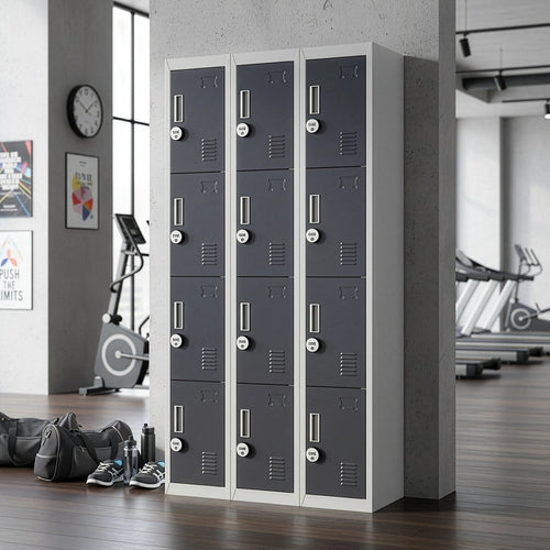 12-Door Locker – Grey with Charcoal Door with 4-Digit Combination Lock | Secure Storage for Office, Gym or School Use
