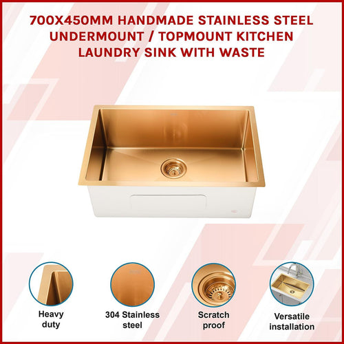 700x450mm Stainless Steel Handmade 1.5mm Sink with Waste in Gold with sand-finish Finish