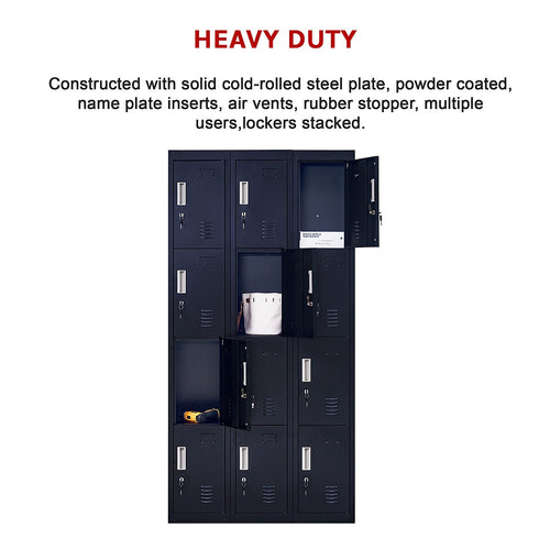 12-Door Locker – Black with Standard Lock with 2 Keys | Secure Storage for Office, Gym or School Use