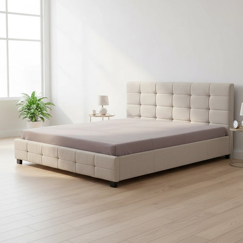 King Deluxe Beige Linen Fabric Upholstered Bed Frame with Headboard & Slats