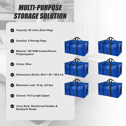 88L Heavy Duty Moving Storage Bags 6 Pack with Handles & Straps