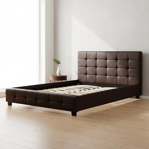 Queen Deluxe Brown PU Leather Upholstered Bed Frame with Headboard & Slats