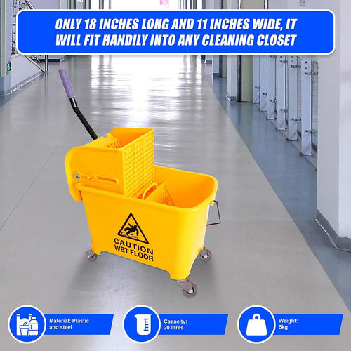 20L Deluxe Mop Wringer Bucket Side Press Janitor Commercial Cleaning