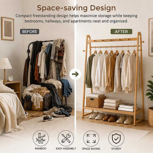 Wood Slim Clothes Rack 160x100cm Space Saving Floor Stand