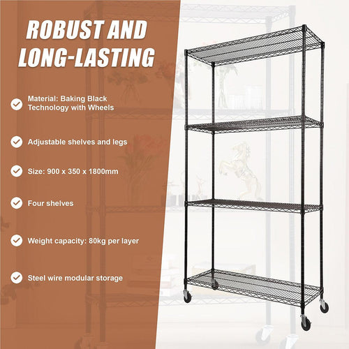 Modular Wire Storage Shelf 900 x 350 x 1800mm Steel Shelving - Baking Black Technology with Wheels