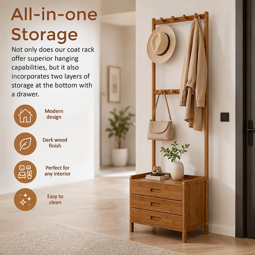 42x165cm Wooden Hall Stand with Drawer – Modern Minimalist Floor Coat Rack in Dark Wood
