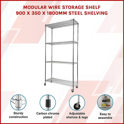 Modular Wire Storage Shelf 900 x 350 x 1800mm Steel Shelving - Carbon Chrome Plated with Wheels