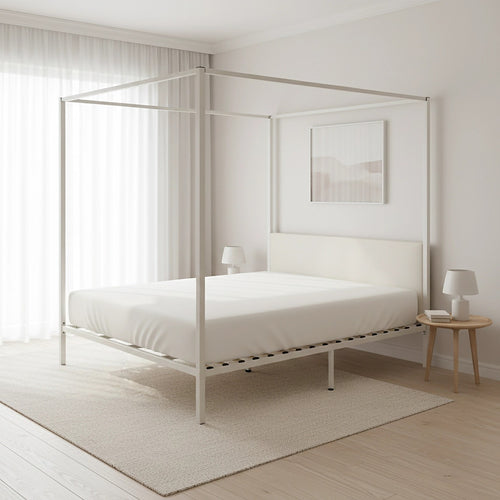4-Poster King Bed Frame – Sturdy Cream Modern Canopy Bed for Bedroom