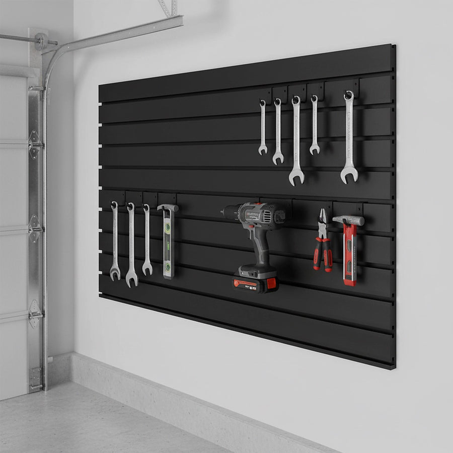Slatwall Storage Pack – Retail Display & Garage Wall Organiser System Black PVC Panels