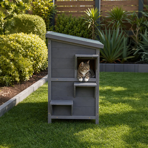 2-Story Wooden Cat House – Weatherproof Indoor/Outdoor Pet Shelter with Bitumen Roof