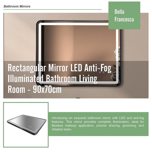 Rectangular Mirror LED Anti-Fog Illuminated Bathroom Living Room - 90 x 70cm