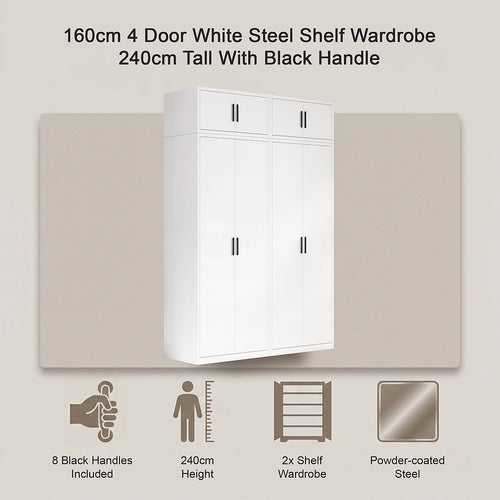 160x240cm 4-Door White Steel Shelf Wardrobe with Black Handle Storage Cabinet