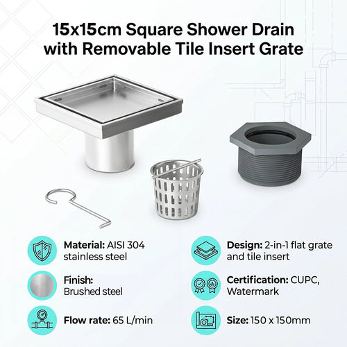 15x15cm Square Shower Drain with Tile Insert Grate – Stainless steel 304SS