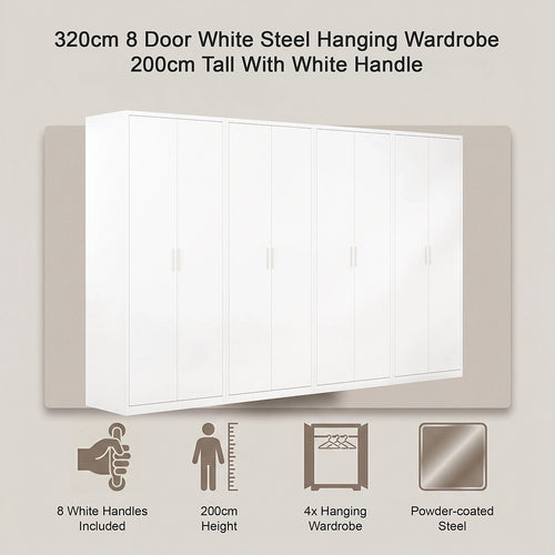 320x200cm 8-Door White Steel Hanging Wardrobe with White Handle Storage Cabinet