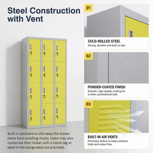 12-Door Steel Locker – Grey with Yellow Door, Standard Lock with 2 Keys