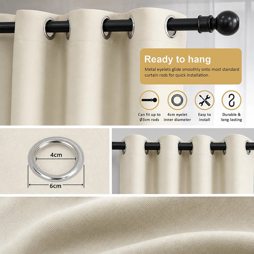 Cream 2X Blockout Curtains – Blackout Window Draperies Pair with Eyelets for Bedroom 132x213cm