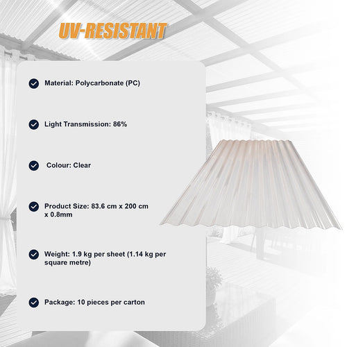 0.8mm Polycarbonate Corrugated Roofing Sheets 836x2000mm 10pk – UV-Resistant Clear Panels for Durable Coverage