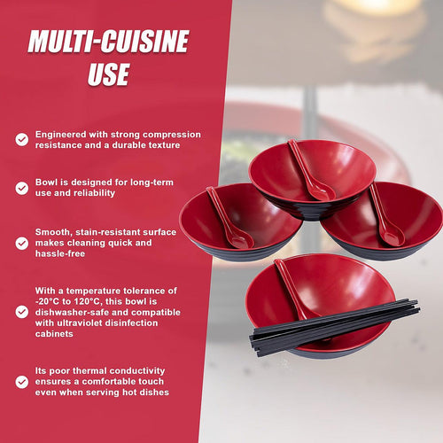 (12 Piece) Ramen Noodle Bowl with Spoon and Chopsticks Black Red