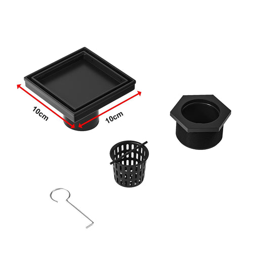 10 x 10cm Square Shower Drain with Tile Insert Grate – Matte Black Stainless Steel
