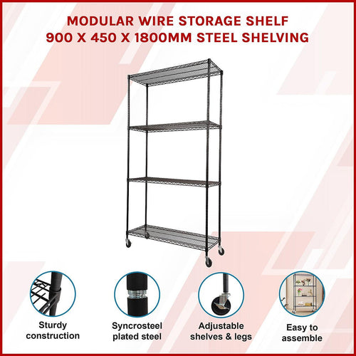 Modular Wire Storage Shelf 900 x 450 x 1800mm Steel Shelving - Baking Black Technology with Wheels