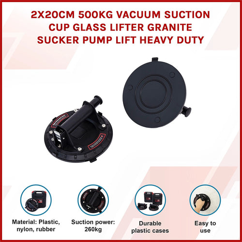 2x20cm 500kg Vacuum Suction Cup Glass Lifter Granite Sucker Pump Lift Heavy Duty