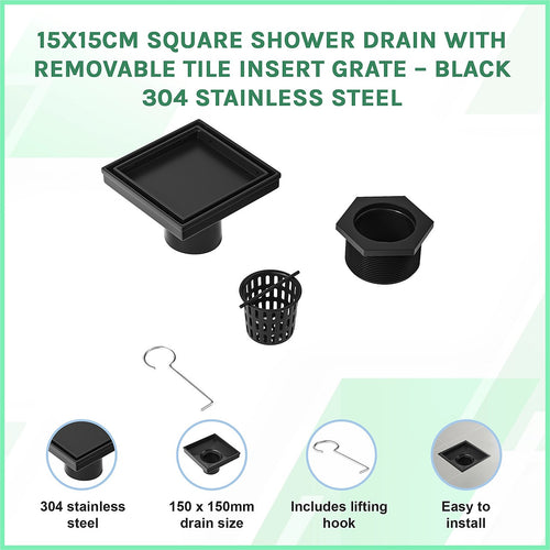 15 x 15cm Square Shower Drain with Tile Insert Grate – Matte Black Stainless Steel