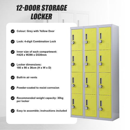 12-Door Steel Locker – Grey with Yellow Door, 4-Digit Combination Lock
