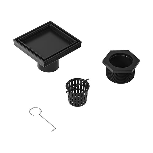 10 x 10cm Square Shower Drain with Tile Insert Grate – Matte Black Stainless Steel